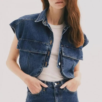 Pockets Cropped Denim Blouse