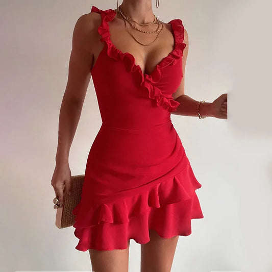 Red Ruffled Splice Mini Dress