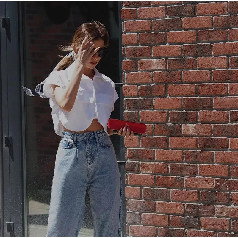 Pockets Cropped Denim Blouse