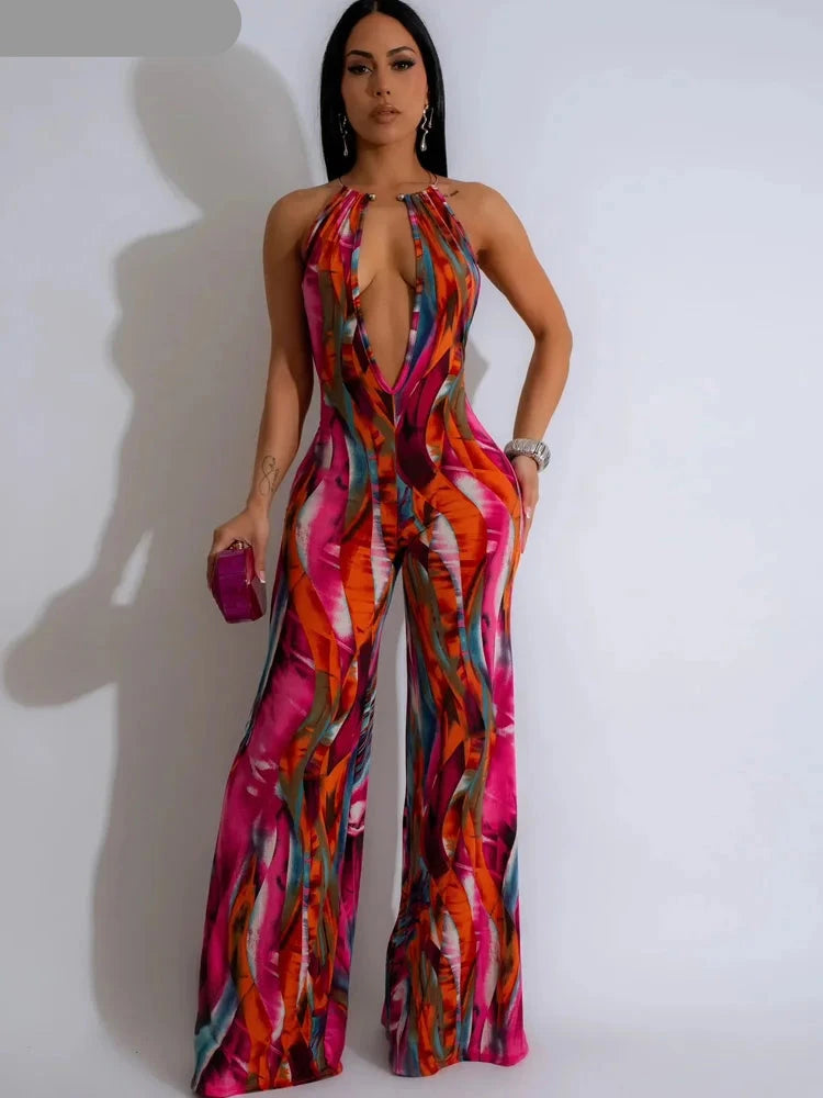 Tropical Halter Neck O-Rings Jumpsuits