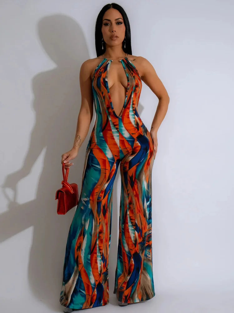 Tropical Halter Neck O-Rings Jumpsuits