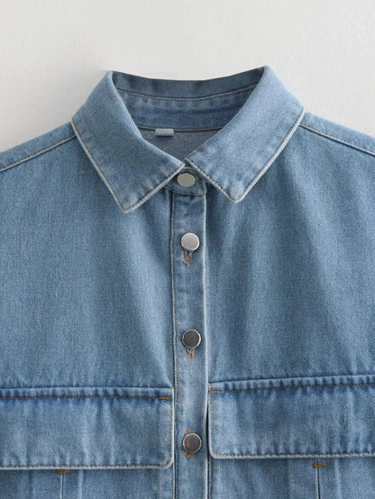 Pockets Cropped Denim Blouse