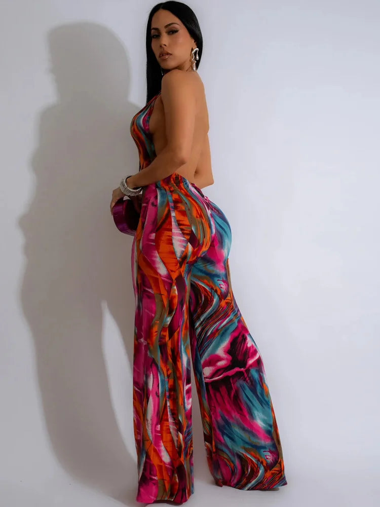 Tropical Halter Neck O-Rings Jumpsuits