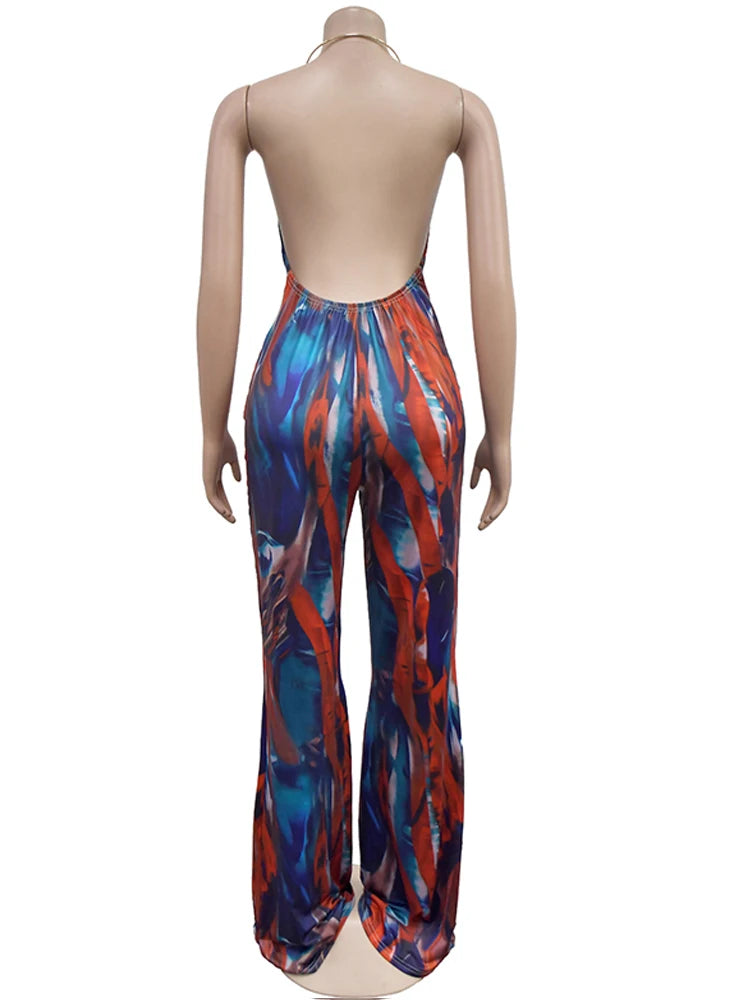 Tropical Halter Neck O-Rings Jumpsuits