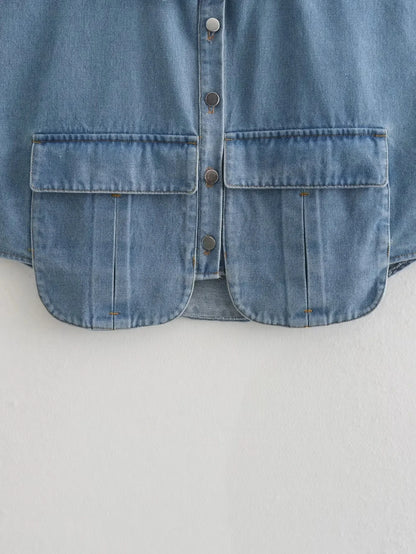 Pockets Cropped Denim Blouse