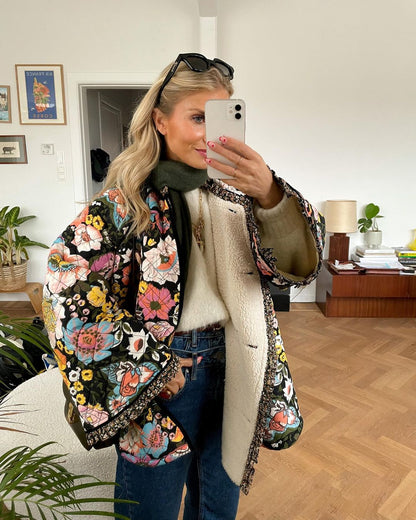 Black Floral Printing Coat