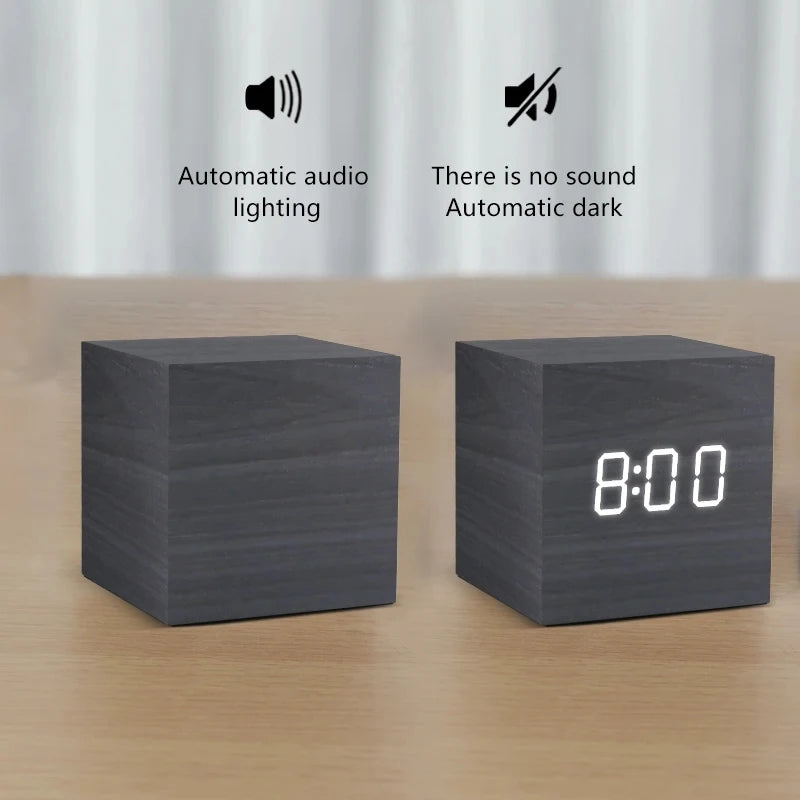 Wooden Digital Alarm Clock with Temperature Sound Control